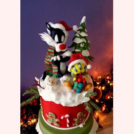 Новогодний торт "Твитти и Сильвестр на елке"