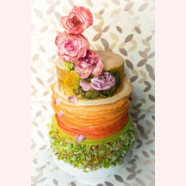 Торт "Нарисованные маслом цветы и зелень"