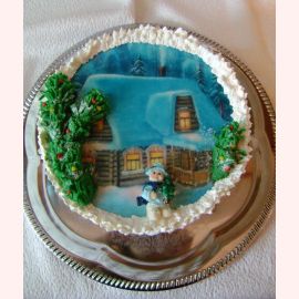 Новогодний торт с фотопечатью "Снеговики у дома"