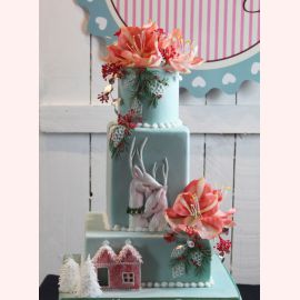 Торт на новый год "Небесный торт с оленями и цветами"